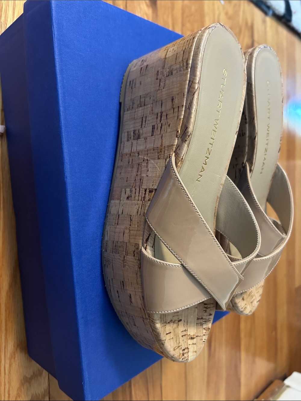 Stuart Weitzman Patent Nude Crisscross Cork Wedge Slides - Picture 2 of 3